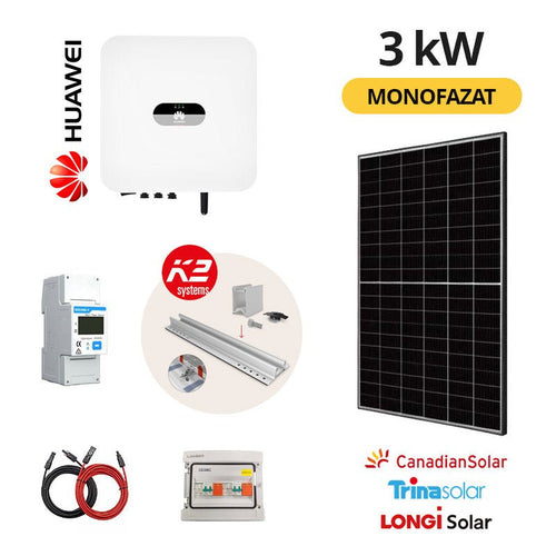 KIT 3 kW, Sistem Fotovoltaic Monofazat, Invertor Hibrid Huawei, Panouri Premium - Giaul